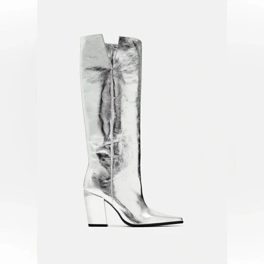 ZARA 100% LEATHER METALLIC HEELED KNEE HIGH BOOTS - Picture 2 of 13